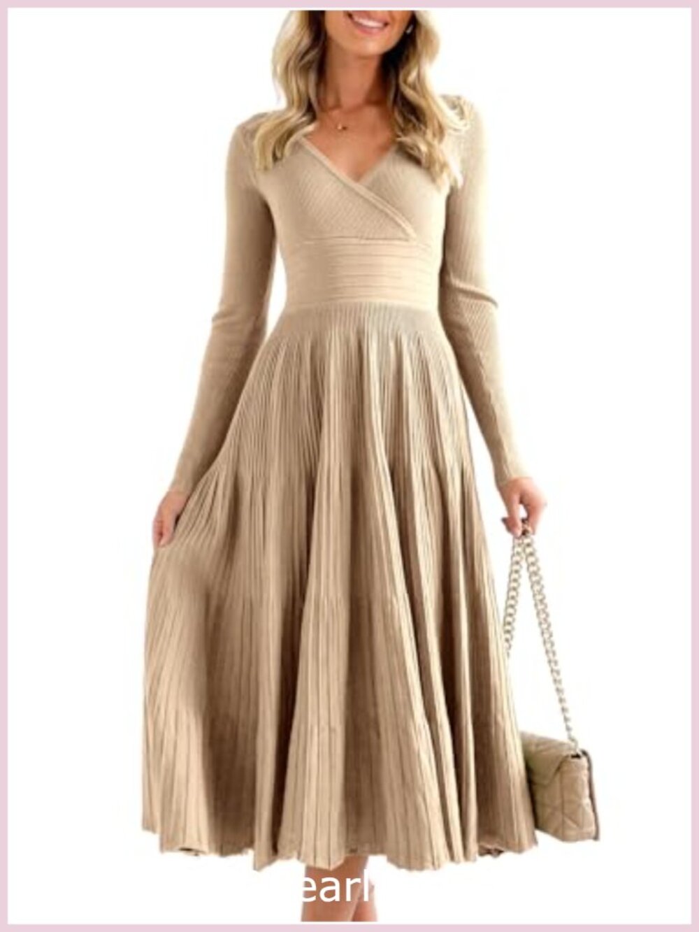 Womens Long Sleeve Knit Midi Sweater Dress V Neck Pleated A Line Fit Flare